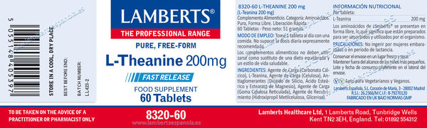 L-Teanina 200 mg en forma Libre. Aminoácido no esencial