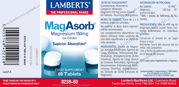MAGASORB. CITRATO DE MAGNESIO 150 mg, MAS ABSORCION 60 TABLETAS