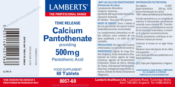 Ácido Pantoténico o Vitamina B5 como Pantotenato de Calcio 500 mg