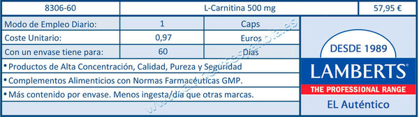 L-CARNITINA 500 mg 60 PURA EN FORMA LIBRE. AMINOACIDO NO ESENCIAL