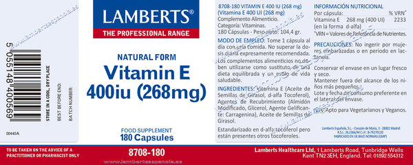 Vitamina E Natural 400 UI (268 mg) como d-alfa tocoferol cápsulas