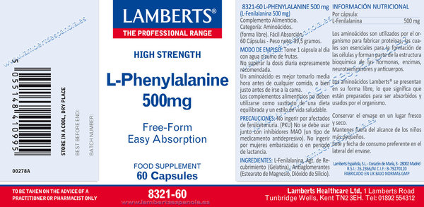 L-Fenilalanina 500 mg en forma libre. Aminoácido esencial