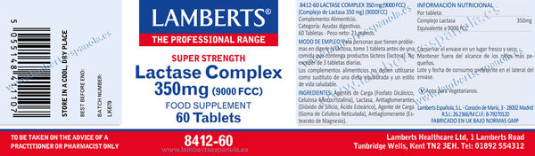 COMPLEJO LACTASA 350 mg 9000 FCC. ENZIMA DIGESTIVA EN TABLETAS 60 CAPS.