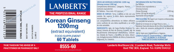 GINSENG COREANO o PANAX GINSENG 1200 mg 60 CAP.
